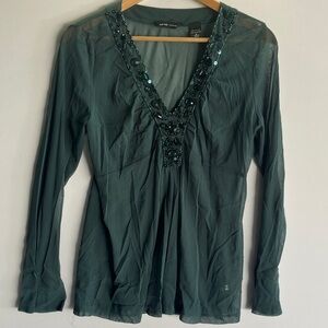 New York & Company Teal Embellished V-Neck Blouse